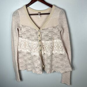 Free People Croquette Preppy Wool Button Cardigan Boho Womens Size XS Blush Pink